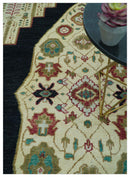 Custom Made Black And Ivory Traditional Serapi Design Hand Knotted Wool Rug