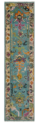 Custom Made Blue And Beige Oushak Hand Knotted Runner Wool Rug by The Rug Decor
