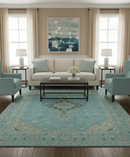 Custom Made Blue And Beige Turkish Design Hand knotted Wool Area Rug by The Rug Decor