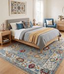 Blue and Ivory Oushak Wool Area Rug Hand Knotted Turkish Design