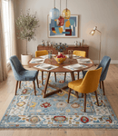 Blue and Ivory Oushak Wool Area Rug Hand Knotted Turkish Design