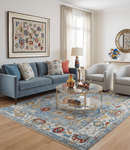 Blue and Ivory Oushak Wool Area Rug Hand Knotted Turkish Design