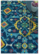 Custom Made Blue And Mustard Traditional Floral Motifs Hand Knotted Wool Rug