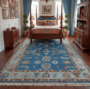 Blue and Silver Hand Knotted Wool Oushak Area Rug - Traditional