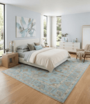 Blue Brown and Ivory Hand Knotted Oushak Wool Area Rug - Traditional Turkish Style