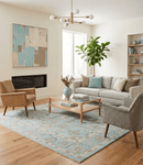 Blue Brown and Ivory Hand Knotted Oushak Wool Area Rug - Traditional Turkish Style