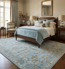 Blue Brown and Ivory Hand Knotted Oushak Wool Area Rug - Traditional Turkish Style by The Rug Decor