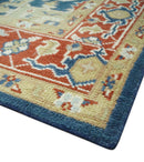 Brown Blue Ivory Olive Hand Knotted Indian Wool Area Rug Traditional Heriz Medallion