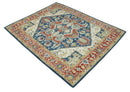 Brown Blue Ivory Olive Hand Knotted Indian Wool Area Rug Traditional Heriz Medallion