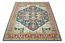 Custom Made Brown, Blue, Ivory and Olive Hand knotted Traditional Heriz Medallion Wool Area Rug
