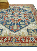 Brown Blue Ivory Olive Hand Knotted Indian Wool Area Rug Traditional Heriz Medallion