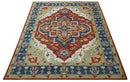 Wool Area Rug Traditional Heriz Medallion Brown Blue Ivory Olive Hand Knotted Pattern