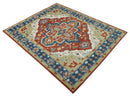 Wool Area Rug Traditional Heriz Medallion Brown Blue Ivory Olive Hand Knotted Pattern
