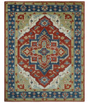 Custom Made Brown, Blue, Ivory and Olive Traditional Heriz Medallion Wool Area Rug