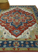 Wool Area Rug Traditional Heriz Medallion Brown Blue Ivory Olive Hand Knotted Pattern