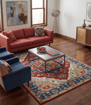 Wool Area Rug Traditional Heriz Medallion Brown Blue Ivory Olive Hand Knotted Pattern