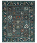 Custom Made Charcoal and Teal Hand knotted Traditional Oushak wool area rug