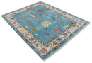 Custom Made Colorful Blue and Beige Hand knotted Traditional Oushak wool Area Rug