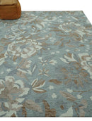 Hand Tufted Wool Area Rug Blue Ivory and Olive Floral Botanical Design - Custom Made by The Rug Decor