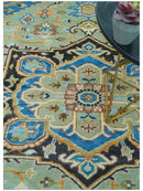 Custom Made Green And Blue Traditional Heriz Hand Knotted Wool Rug