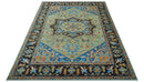 Custom Made Green And Blue Traditional Heriz Hand Knotted Wool Rug