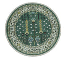 Custom Made Green And Ivory Tree of life Round Hand Knotted Wool Rug