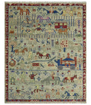 Custom Made Greenish Beige, Rust And Blue Folk Art Hand Knotted Wool Area Rug by The Rug Decor