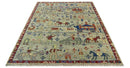 Custom Made Greenish Beige, Rust And Blue Folk Art Hand Knotted Wool Area Rug by The Rug Decor