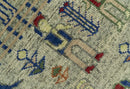 Custom Made Greenish Beige, Rust And Blue Folk Art Hand Knotted Wool Area Rug by The Rug Decor