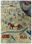 Custom Made Greenish Beige, Rust And Blue Folk Art Hand Knotted Wool Area Rug by The Rug Decor