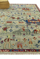 Custom Made Greenish Beige, Rust And Blue Folk Art Hand Knotted Wool Area Rug by The Rug Decor