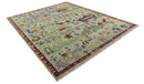 Custom Made Greenish Beige, Rust And Blue Folk Art Hand Knotted Wool Area Rug by The Rug Decor