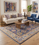 Hand Knotted Wool Area Rug Blue Gold Beige Oushak Oriental Traditional Design by The Rug Decor