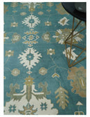 Custom Made Hand Knotted Blue, Ivory and Beige Traditional Oushak Wool Rug