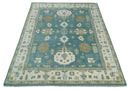 Custom Made Hand Knotted Blue, Ivory and Beige Traditional Oushak Wool Rug