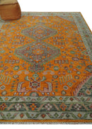 Hand Knotted Wool Area Rug - Carrot Red and Silver Heriz Traditional