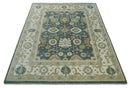 Custom Made Hand Knotted Dark Teal, Ivory and Beige Traditional Multi Size Oushak Wool Rug