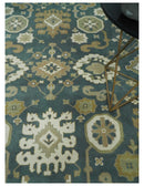 Custom Made Hand Knotted Dark Teal, Ivory and Beige Traditional Multi Size Oushak Wool Rug