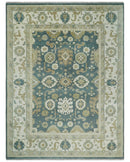 Custom Made Hand Knotted Dark Teal, Ivory and Beige Traditional Multi Size Oushak Wool Rug