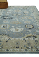 Hand Knotted Wool Area Rug with Silver and Beige Traditional Oushak Pattern Design