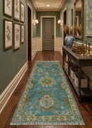 Custom Made Hand Knotted Green And Blue Oushak Runner Wool Rug by The Rug Decor