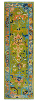 Custom Made Hand Knotted Green And Gray Oushak Runner Rug by The Rug Decor