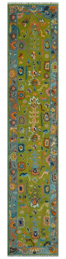 Custom Made Hand Knotted Green And Gray Oushak Runner Rug by The Rug Decor