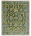 Custom Made Hand Knotted Green, Silver and Peach Traditional Oushak Wool Area Rug