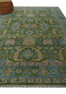 Wool Hand Knotted Traditional Oushak Area Rug - Green Silver Peach
