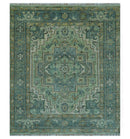 Custom Made Hand Knotted Green and Taupe Traditional wool rug