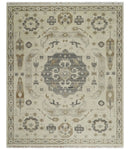 Custom Made Hand Knotted Ivory and Charcoal Medallion Pattern Wool Area Rug