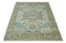 Custom Made Hand Knotted Ivory, Olive and Light Blue Traditional Wool Area Rug