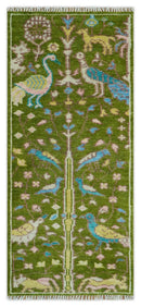 Custom Made Hand Knotted Jungle Life Peacock Green Runner Wool Rug by The Rug Decor