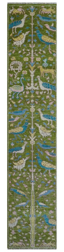 Custom Made Hand Knotted Jungle Life Peacock Green Runner Wool Rug by The Rug Decor